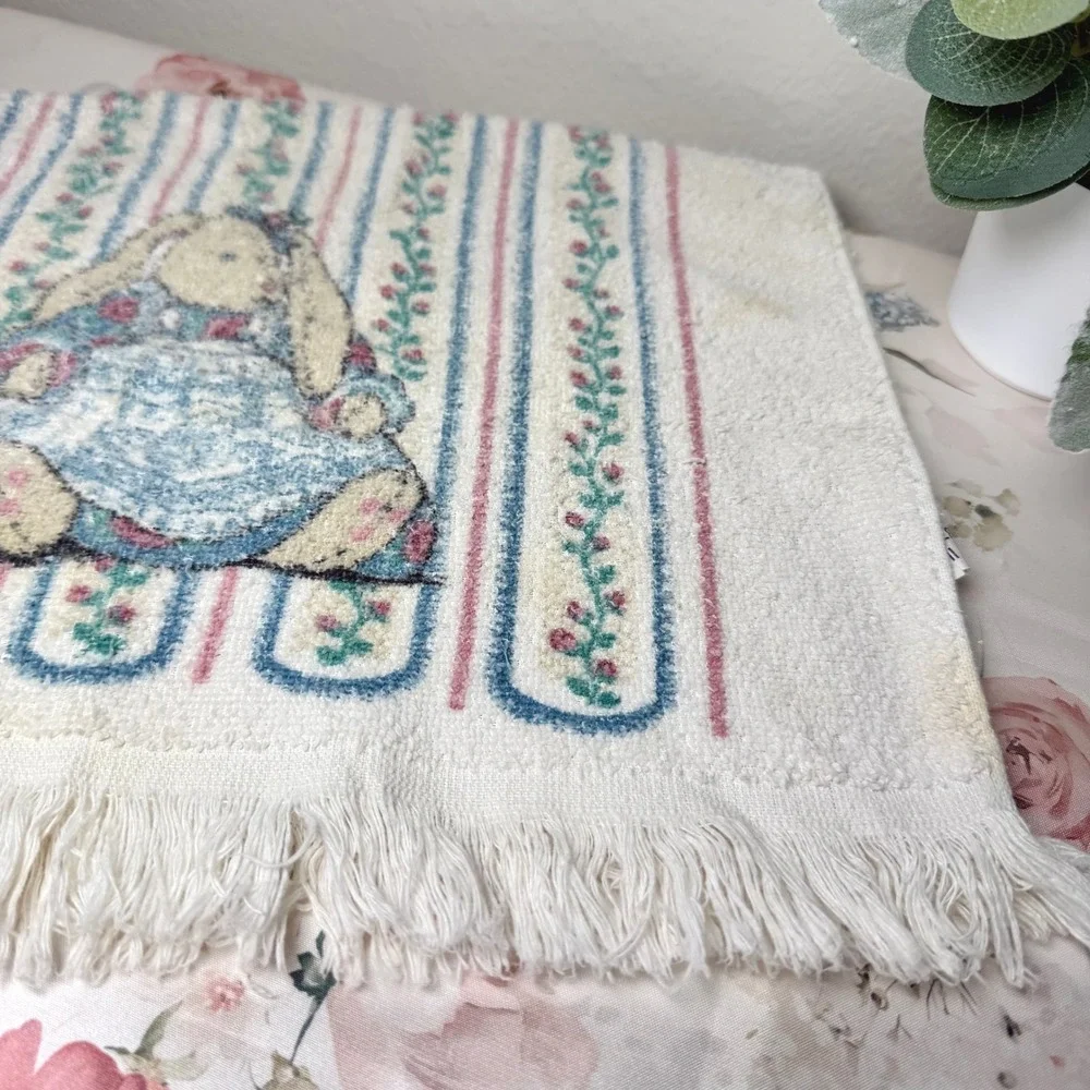 Vintage Bunny Floral Striped Hand Towel Fringed‎ Made in USA RN 13718 Cream